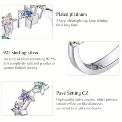 925 Silver Starry Ring with Colorful Zircon, Platinum Plated