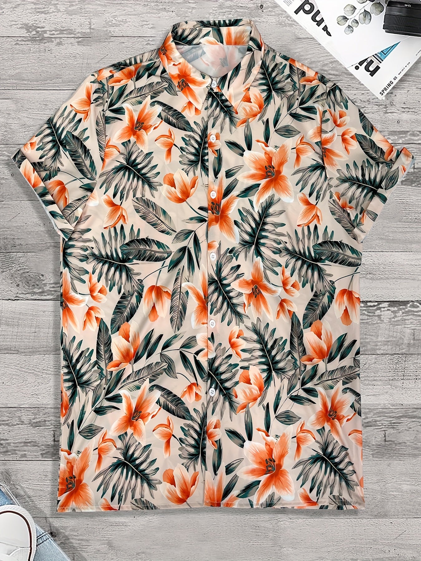 Tropical Leaf & Flower Print Men's Hawaiian Shirt