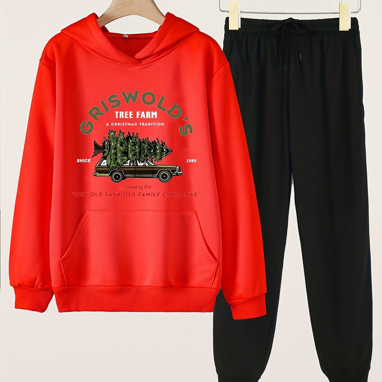 Cartoon Tree Farm Graphic Hoodies & Jogger Pants Set For Girls