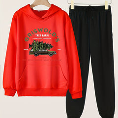 Cartoon Tree Farm Graphic Hoodies & Jogger Pants Set For Girls