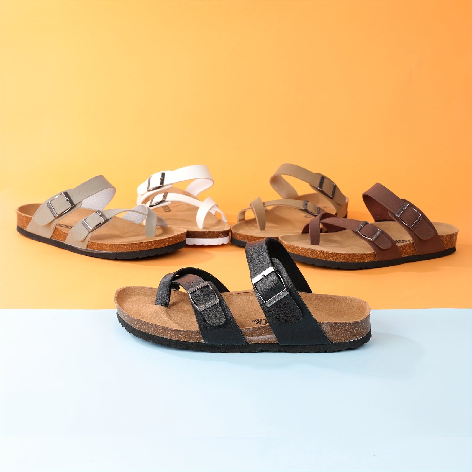 Women's Flat Cork Sandals Toe Loop Cross Strap Summer Sandals