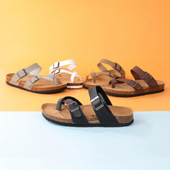 Women's Flat Cork Sandals Toe Loop Cross Strap Summer Sandals