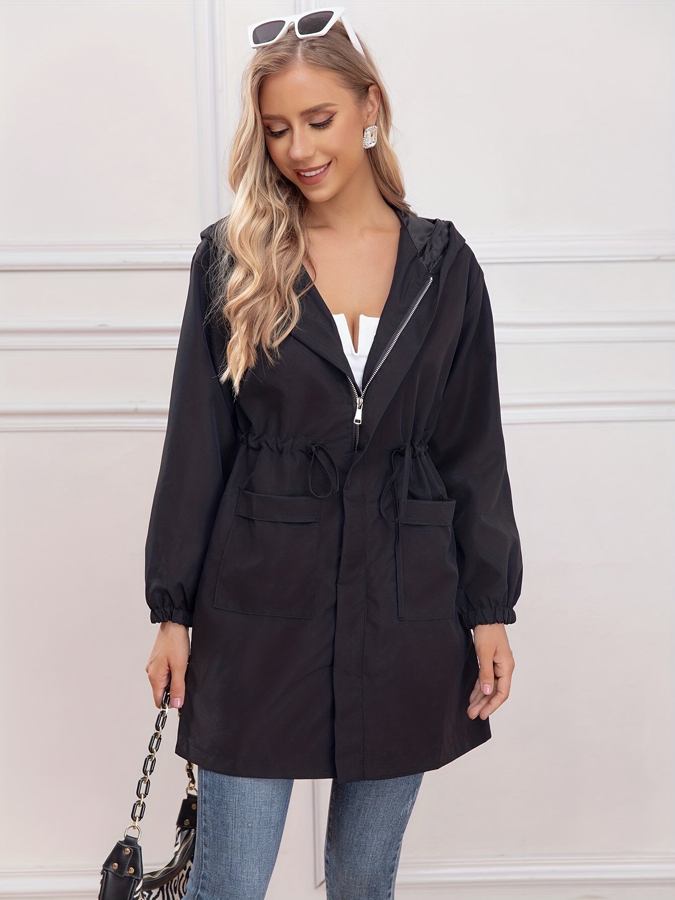 Drawstring Waist Hooded Jacket Women's Outerwear
