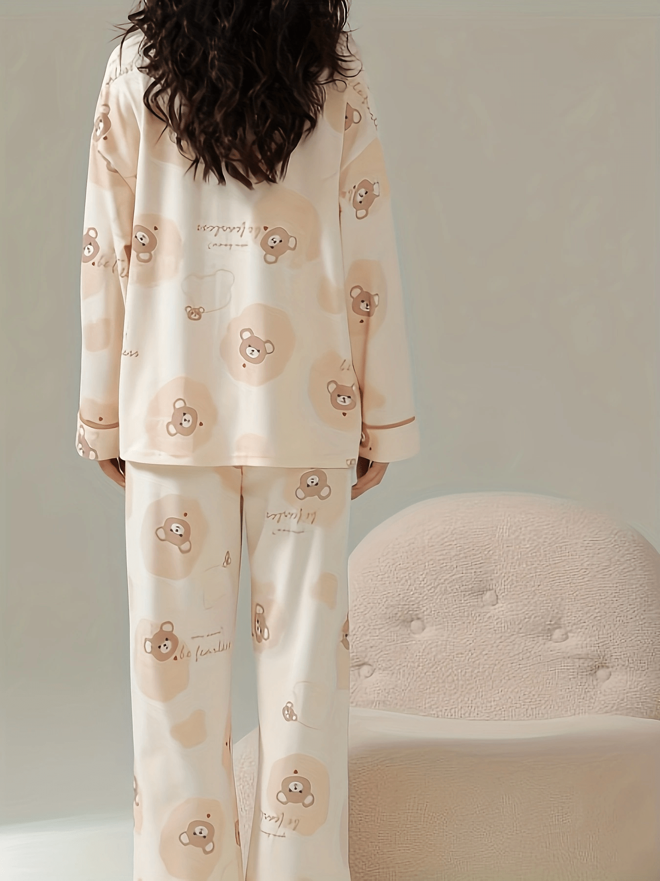 Bear Print Pajama Set Long Sleeve Crew Neck Top & Pant