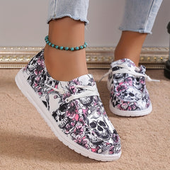 Women's Skull & Flower Print Canvas Shoes Casual Lace Up Outdoor Shoes