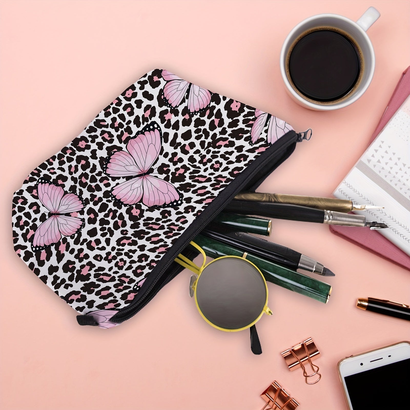 Leopard & Butterfly Makeup Bag Zipper Roomy Toiletry Travel Organizer Gift