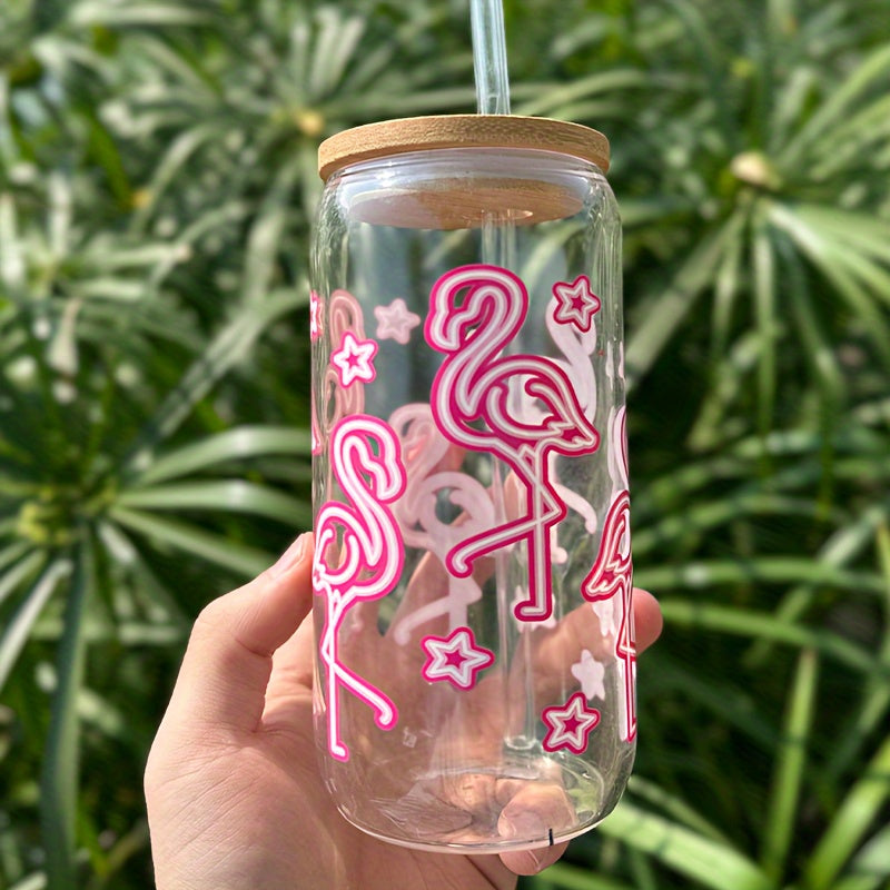 Flamingo Pattern Water Cup Set with Lid and Straw Iced Coffee Cup