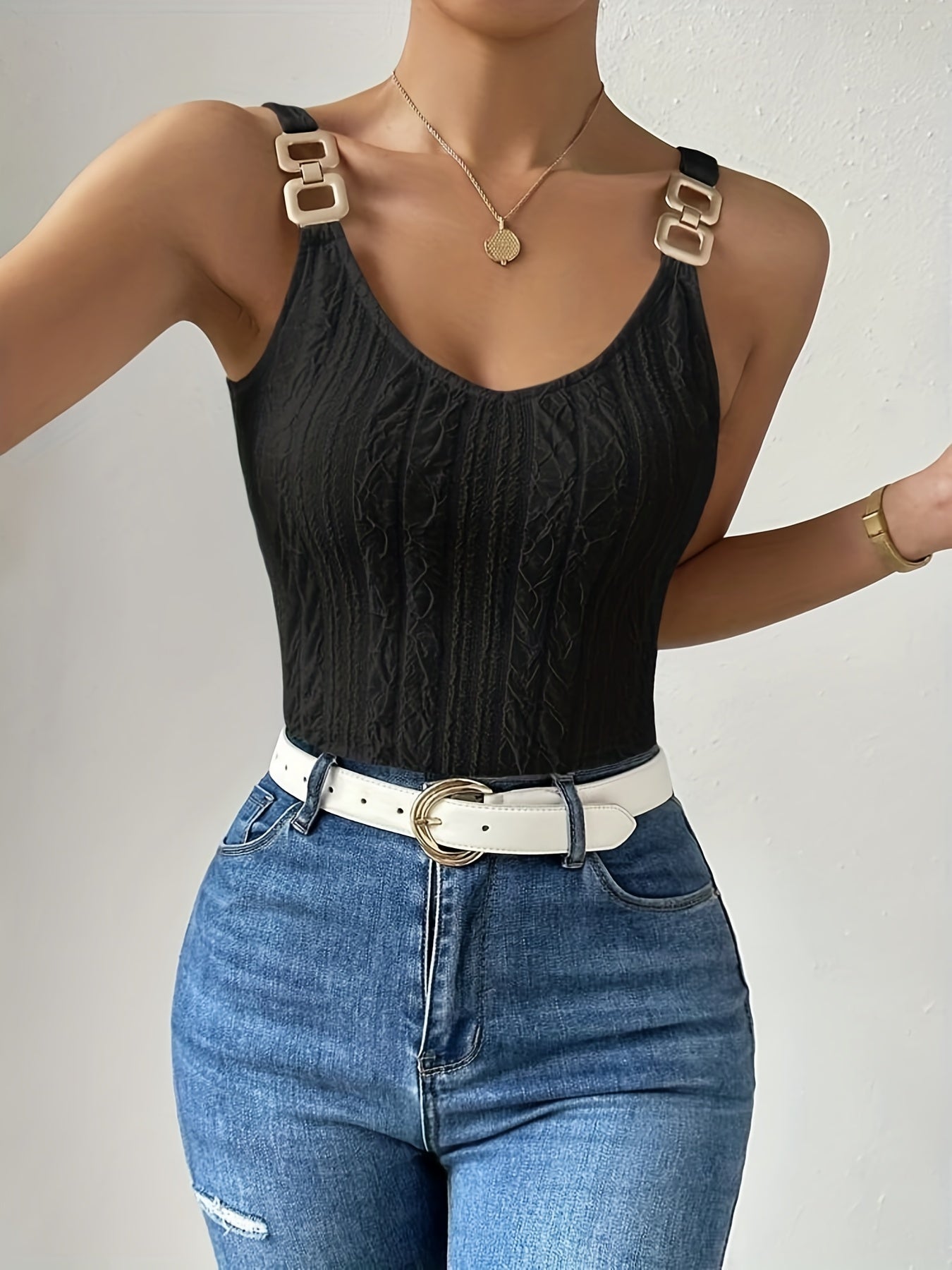 Solid Chain Knitted Tank Top Sleeveless Casual Tank Top