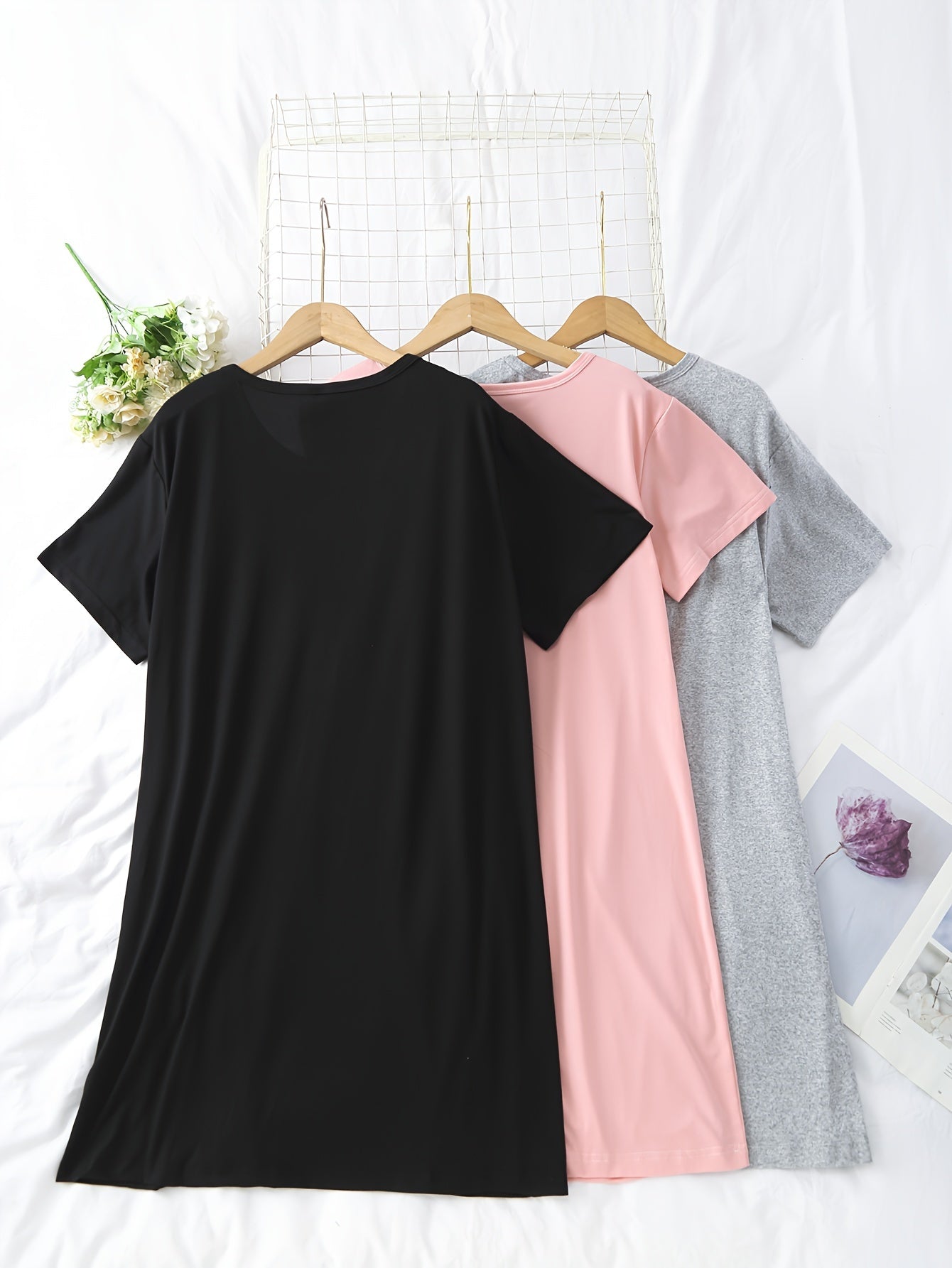 3pcs Solid NightDress Short Sleeve Crew Neck Pajama Dress