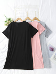 3pcs Solid NightDress Short Sleeve Crew Neck Pajama Dress
