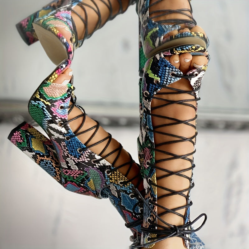 Snakeskin Sandals Boots Lace Up Peep Toe Chunky Heel Shoes