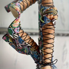 Snakeskin Sandals Boots Lace Up Peep Toe Chunky Heel Shoes