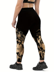 Sporty Plus Size Floral Print Skinny Leggings