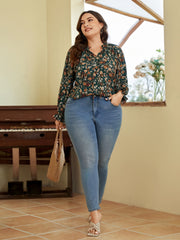 Ditsy Print Long Sleeve V Neck Keyhole Tie Top