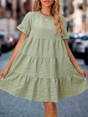 Textured Tiered Dress Solid Crew Neck Short Sleeve Dress