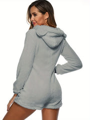 Fuzzy Hooded Pajama Romper Long Sleeve Zip Pajamas