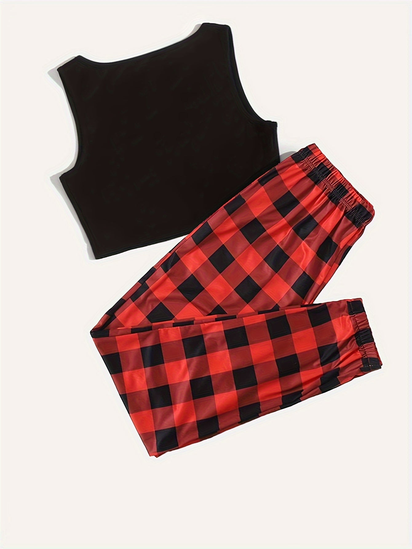 Plaid Print Pajama Set Sleeveless Top & Pants