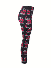 Casual Leggings Women's Plus Letter & Kiss Print Medium Stretch