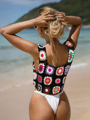 Knitted Flower Cover Up Top Square Neck