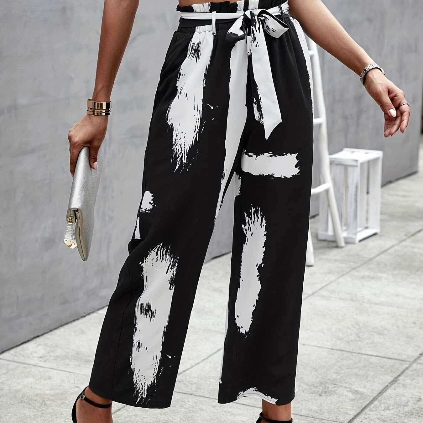 All Over Print Paper Bag Waist Pants Casual Belted Pants