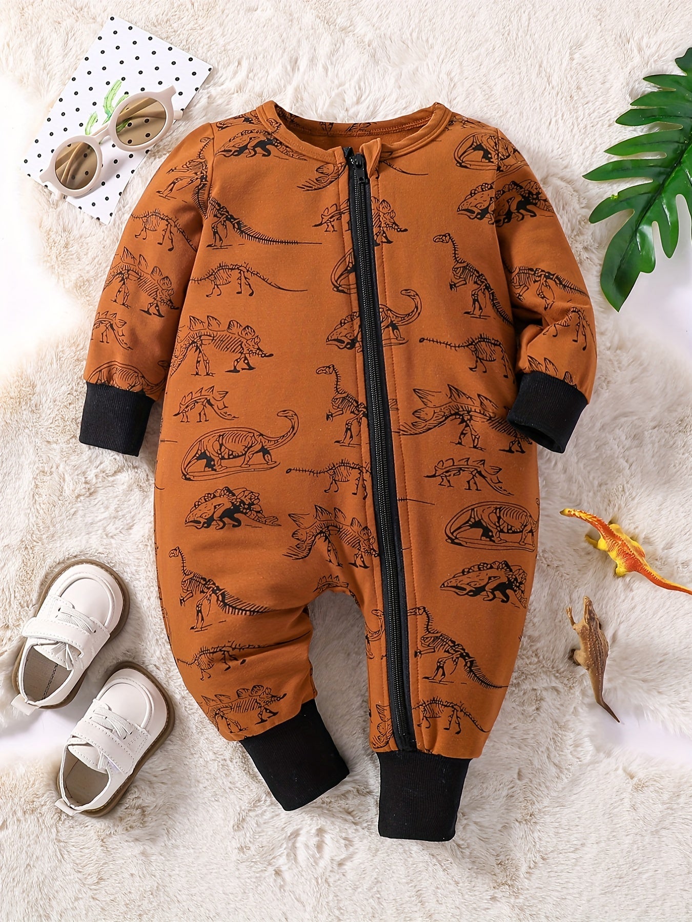 Dino Print Zip Up Baby Boy Bodysuit