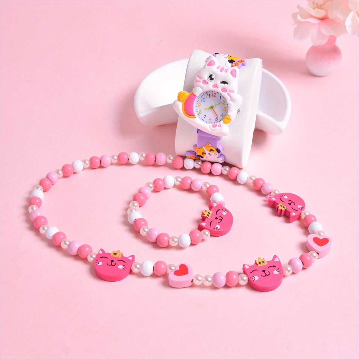 3Pcs Set Cartoon Cat Silicone Girls' Watch Big Eyed Kitten Wristwatch
