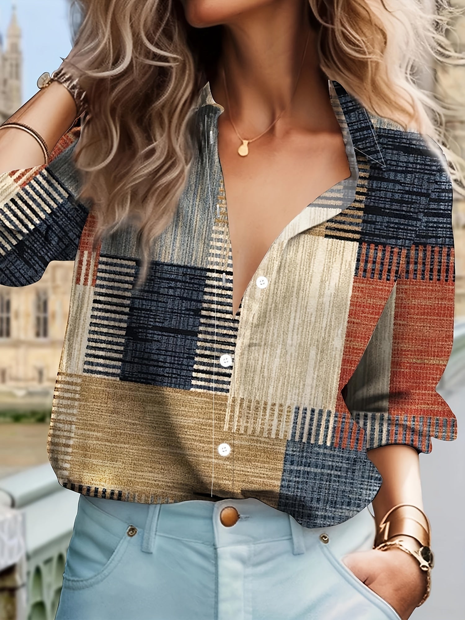 Casual Blouse Women's Plus Patchwork Print Button Up Shirt