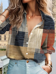 Casual Blouse Women's Plus Patchwork Print Button Up Shirt