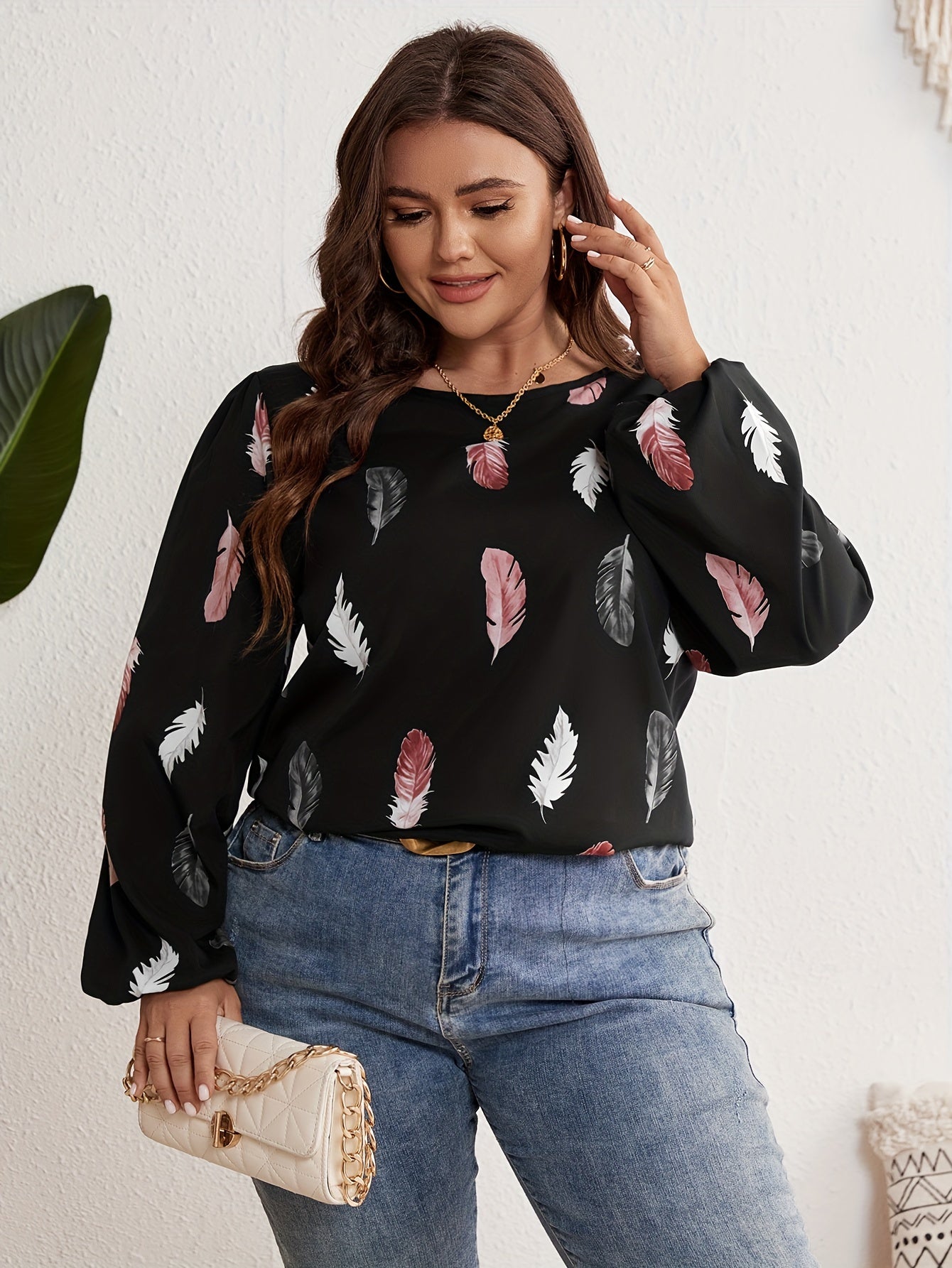 Plus Feather Print Lantern Sleeve Round Neck Loose Fit Shirt Top