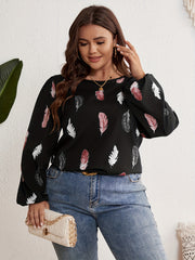 Plus Feather Print Lantern Sleeve Round Neck Loose Fit Shirt Top