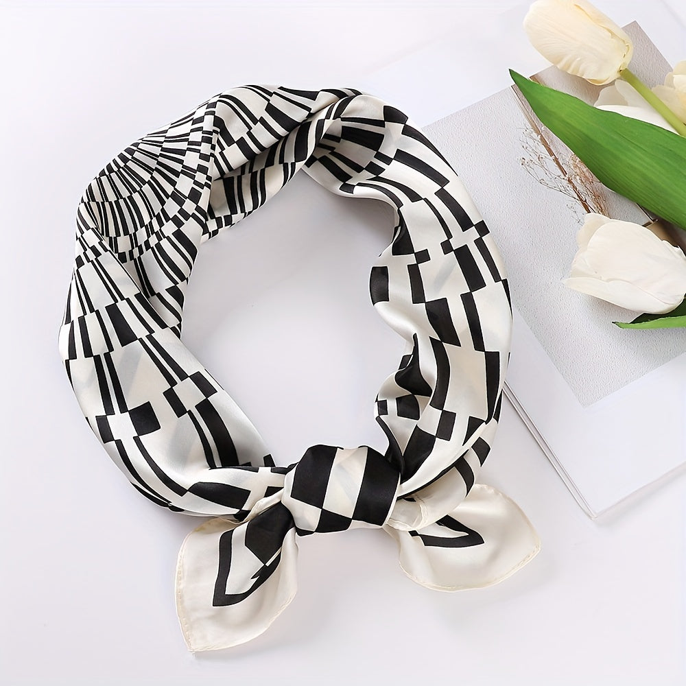 Geometric Plaid Print Satin Square Scarf Bandana Women Head Scarf