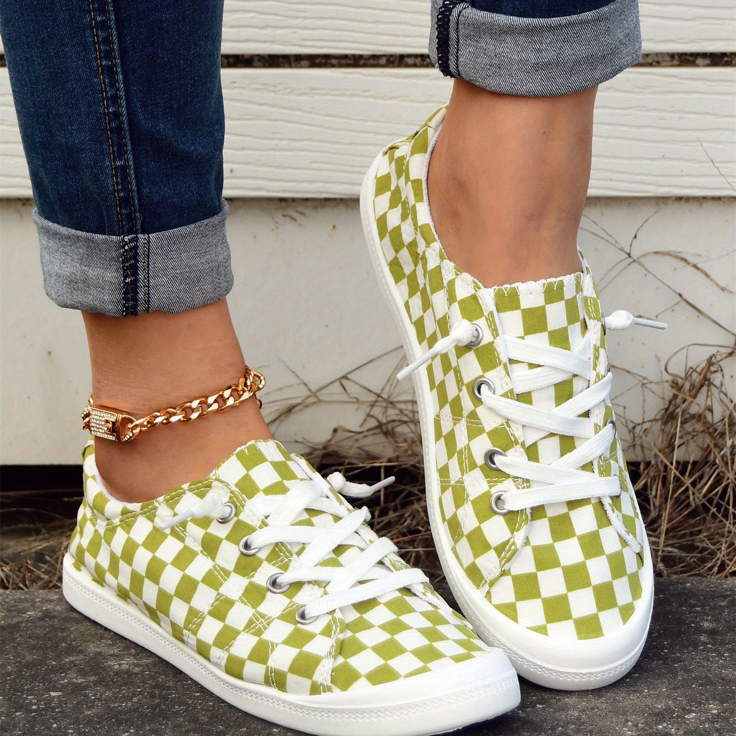 Green Checkerboard Walking Shoes Lace Up Casual Flat Sneakers