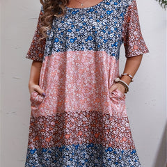 Colorblock Floral Print Short Sleeve Tee Dress With Pockets