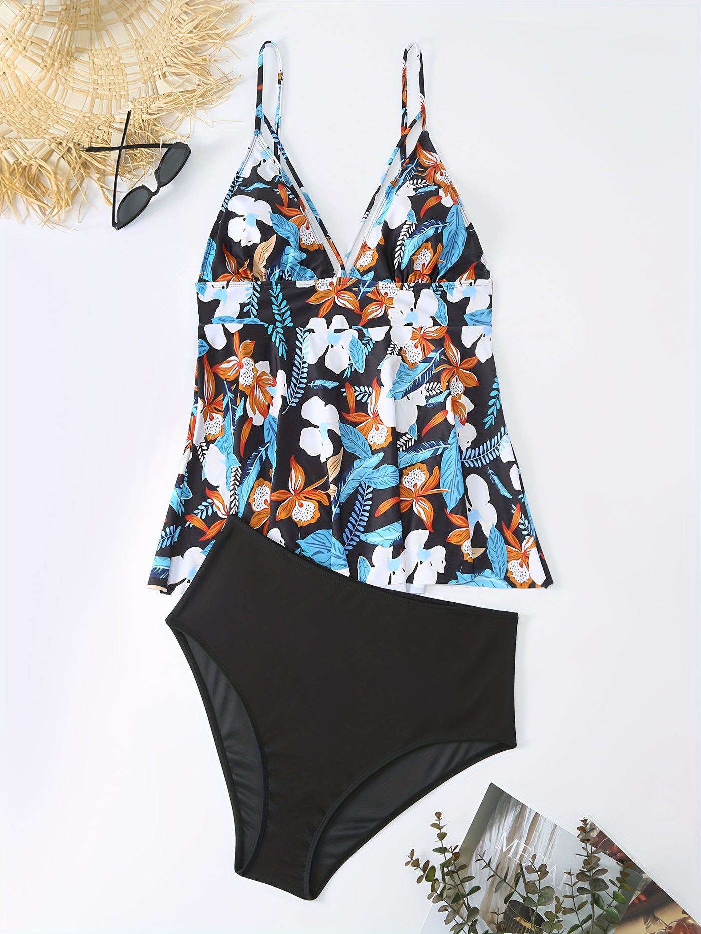 Retro Tankini Set Women's Plus Floral Print V Neck Strappy Cami Top