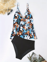 Retro Tankini Set Women's Plus Floral Print V Neck Strappy Cami Top