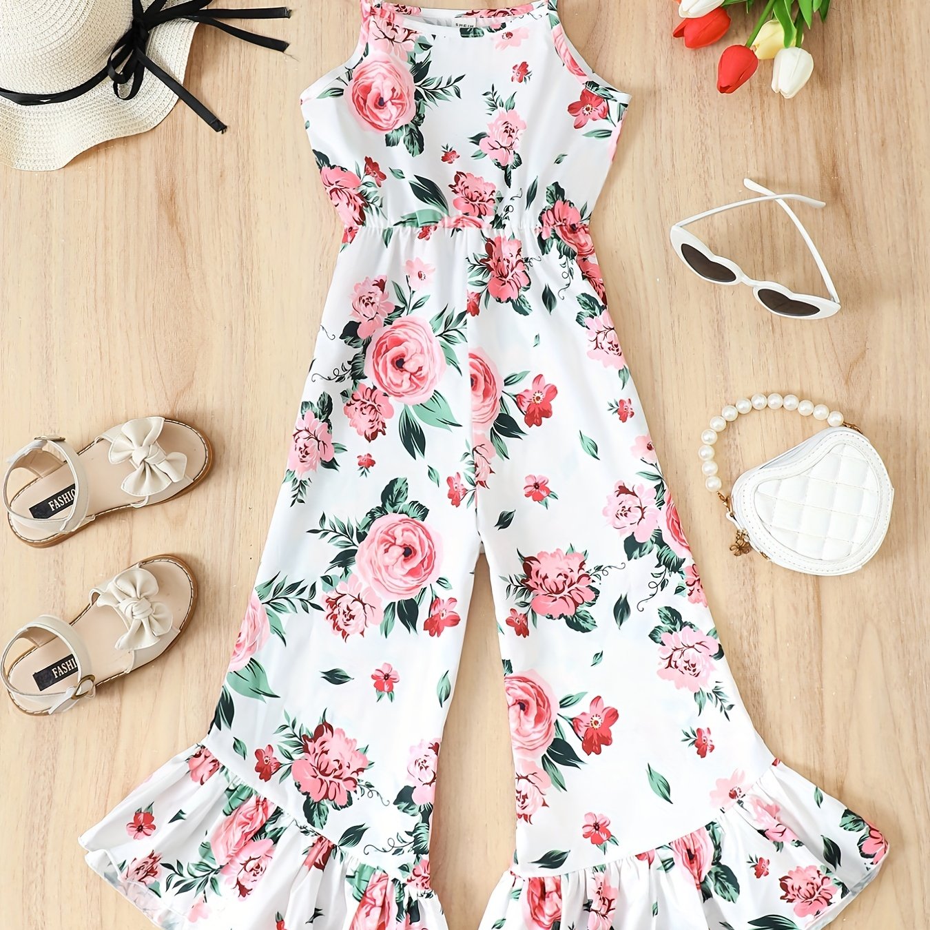 Girls Flower Pattern Jumpsuit Sleeveless Romper Ruffle Bottom Kids Clothes