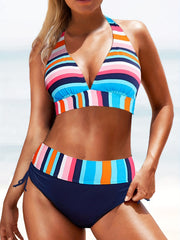 Colorful Strip Print Halter 2 Piece Bikini Set