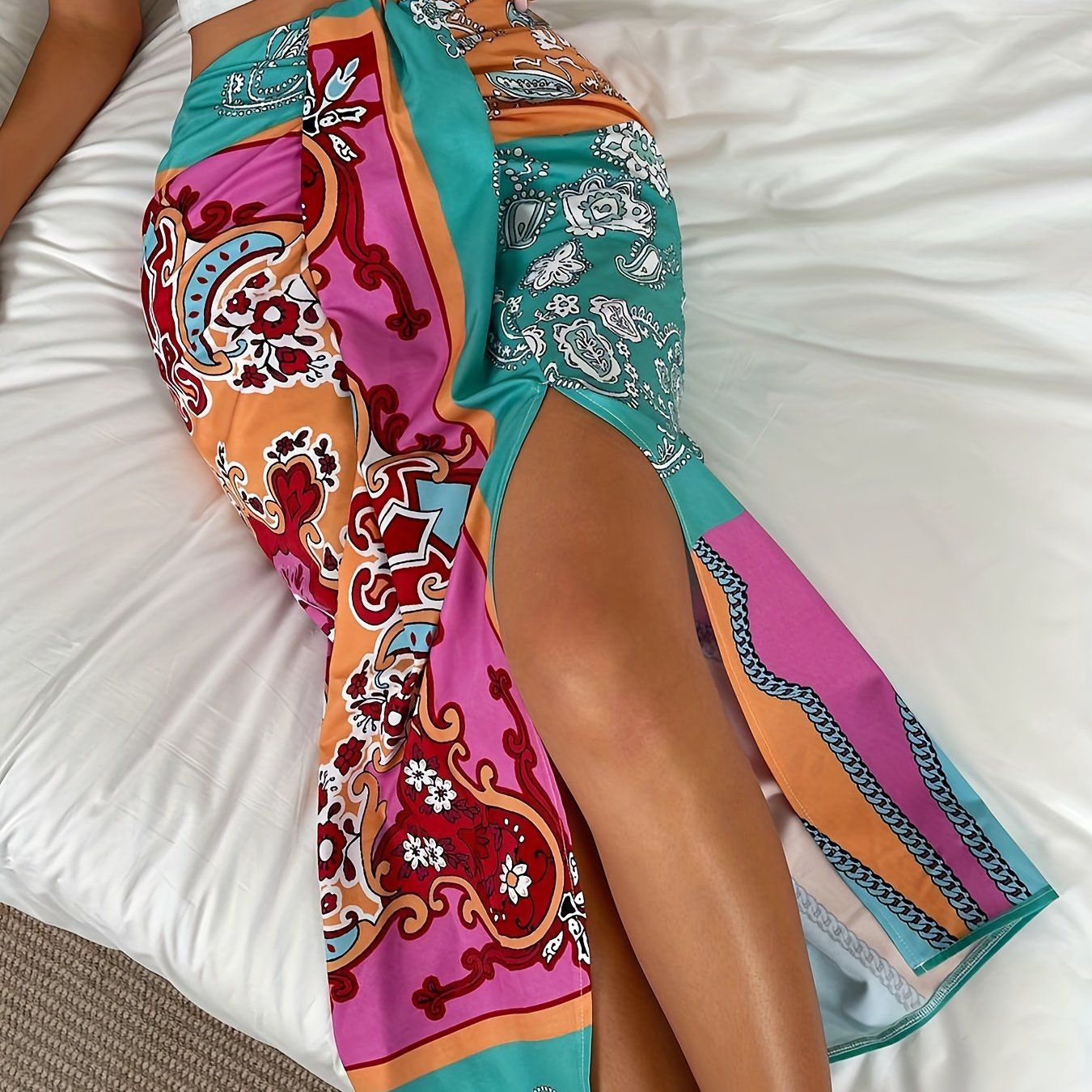 Ethnic Floral Print Split Skirts Ruched High Waist Summer Skirts