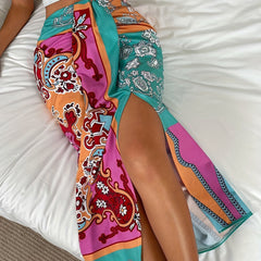 Ethnic Floral Print Split Skirts Ruched High Waist Summer Skirts