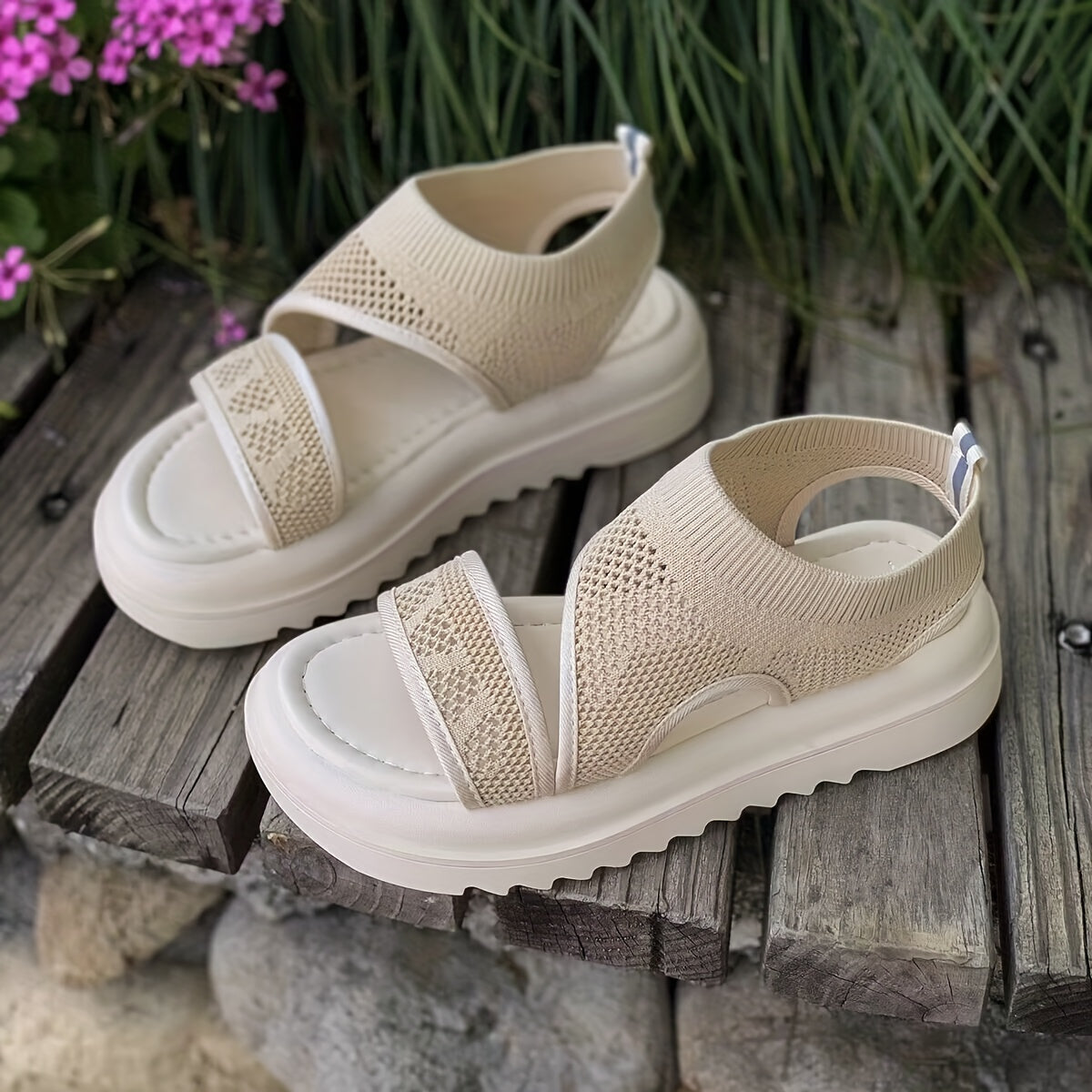 Women's Platform Knit Sandals Slingback Shoes Open Toe Slip On