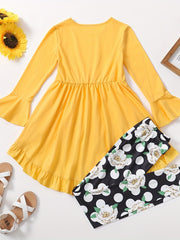2pcs Girl Floral High Low Tee & Polka Dots Leggings Set Spring Fall