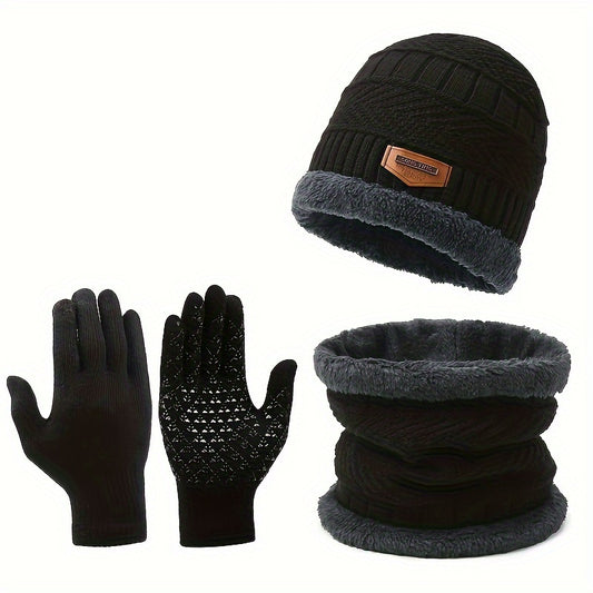 Winter Knit Hat Scarf Gloves Set Fleece Lining Warm Beanie Touch Screen Gloves