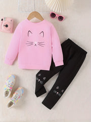 Girl's Cartoon Cat Print 2pcs Set Sweatshirt & Leggings