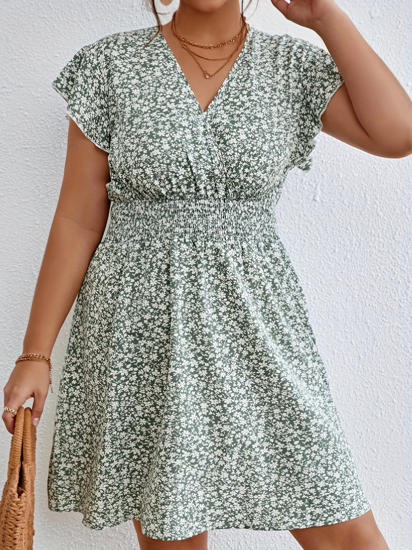Women's Plus Ditsy Print Ruffle Sleeve Surplice Neck Dress