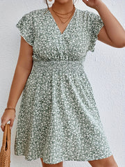 Women's Plus Ditsy Print Ruffle Sleeve Surplice Neck Dress