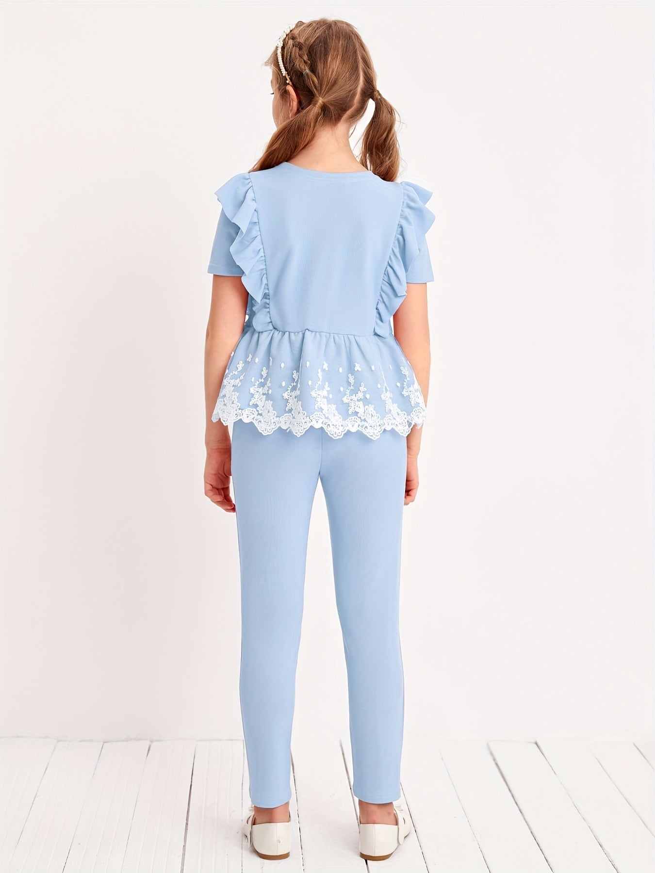 Kid Girls 2pcs Ruffle Trims Bow Short Sleeve T shirt Top Skinny Pants Set