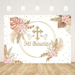 Pink Floral Baptism Banner with Golden Accents - Mi Baptizo Christening Backdrop