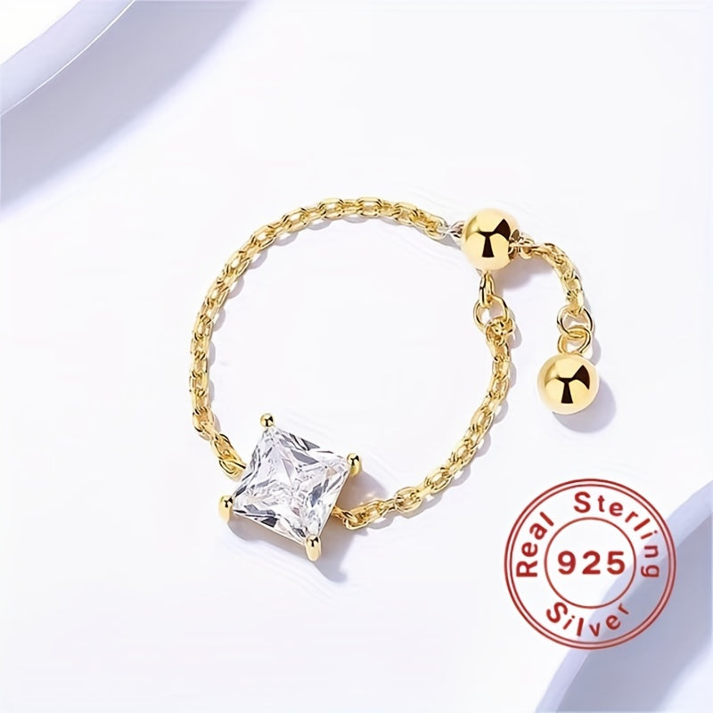 S925 Sterling Silver Ring with Cubic Zircon and Link Chain