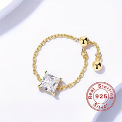 S925 Sterling Silver Ring with Cubic Zircon and Link Chain
