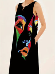 Abstract Face Print Maxi Dress Notched Neck Sleeveless Casual Dress